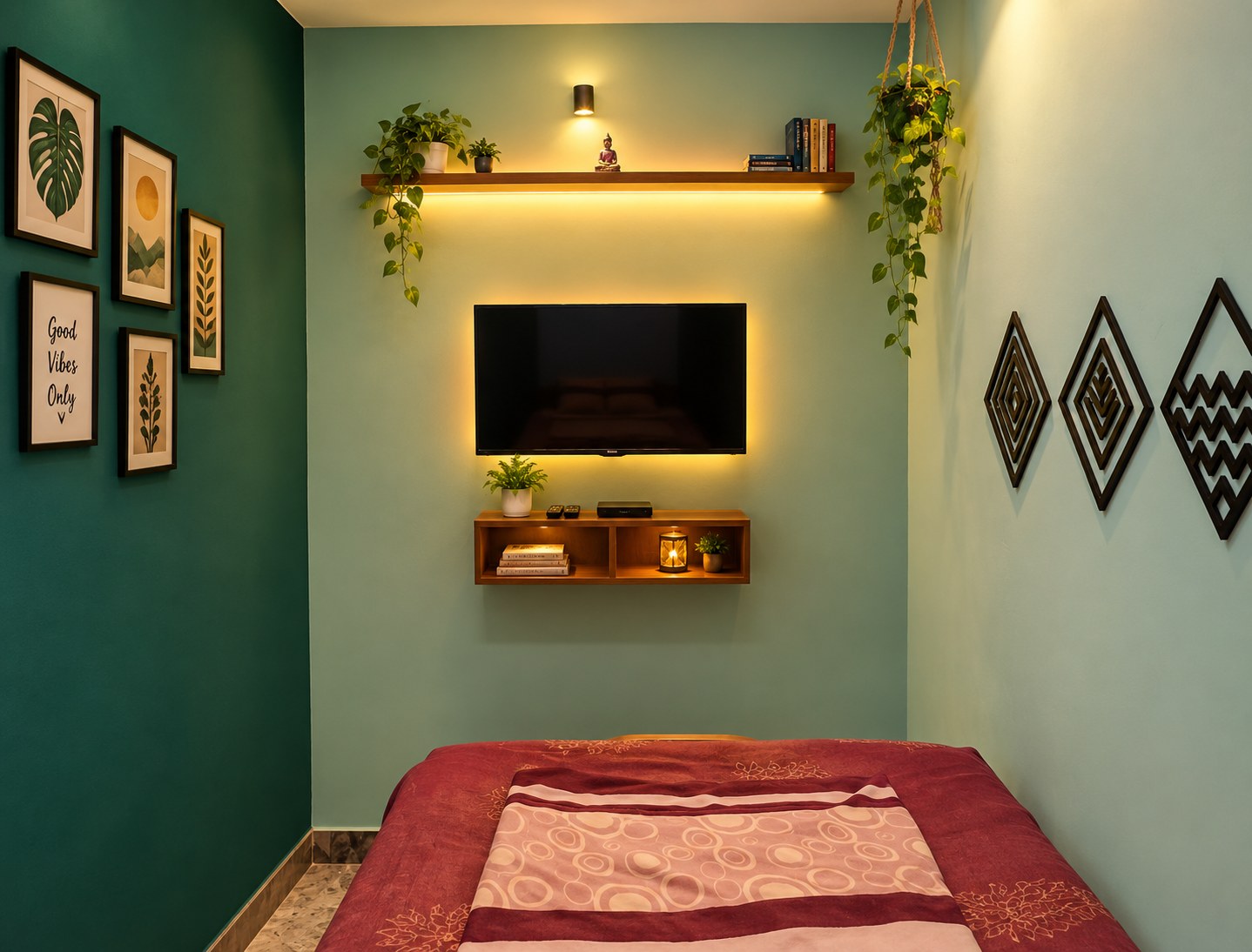 Green themed Saradha Nivas room